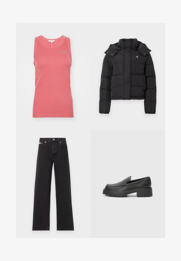 Black puffer jacket with high collar, detachable hood with snap buttons, and small white "CK" logo on the left chest.; Pink ribbed tank top with a round neckline and sleeveless design. Features a small green Lacoste logo on the chest.; Black wide-leg jeans made of denim, featuring a high-rise waist, five-pocket styling, and a metal button closure with contrasting stitching.; Black leather loafers with a rounded toe, thick textured sole, and minimal stitching details. Sleek design with no visible laces or hardware.