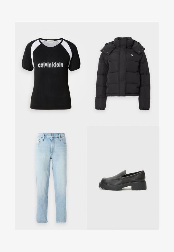 Svart pufferjakke med høy krage, avtakbar hette med trykknapper og liten hvit "CK"-logo på venstre bryst.; Svart strikket topp med korte ermer og hvite raglan-ermer. Har "calvinklein" tekst i hvitt over brystet. Rund hals. Myk tekstur.; Lyseblå denimjeans, rett ben-design, midjehøyde, med fem lommer og en knappelukking foran.; Sorte skinnloafers med rund tå, tykk teksturert såle og minimale sømdetaljer. Strømlinjeformet design uten synlige snørebånd eller hardvarer.