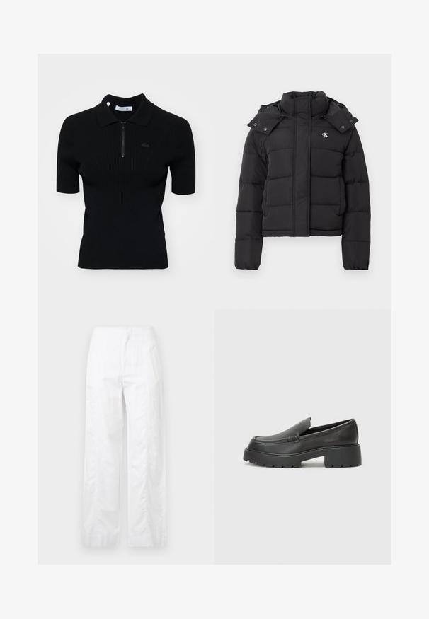 Fekete puffdzseki magas gallérral, levehető kapucnival, patentgombokkal, és kis fehér "CK" logóval a bal mellrészen.; Fekete bordás poloing rövid ujjal, cipzáras gallérral és diszkrét logó részlettel. Texturált kötött anyagból készült.; Fehér, széles szárú nadrág könnyű anyagból, sima textúrával, letisztult vonalakkal és magasderék kialakítással.; Fekete bőr loafer cipők kerek orral, vastag, texturált talppal és minimális varrási részletekkel. Áramvonalas dizájn, látható fűzők vagy fém részek nélkül.