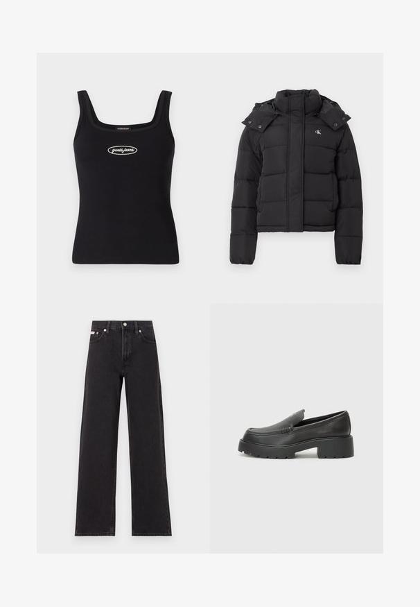 Crna puf jakna s visokim ovratnikom, odvojivom kapom na dugmad i malim bijelim "CK" logotipom na lijevoj strani prsiju.; Crna rebrasta majica bez rukava s kvadratnim izrezom i izvezenim "guess jeans" logotipom u bijeloj boji. Uski kroj i glatka textura.; Crne široke traperice od denima, s visokim strukom, pet džepova i metalnim zatvaranjem s kontrastnim šavovima.; Crne kožne loaferice s zaobljenim vrhom, debelim teksturiranim potplatom i minimalnim detaljima šivanja. Elegantna izrada bez vidljivih vezica ili metalnih elemenata.