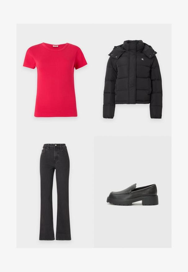 Jachetă puffer neagră cu guler înalt, glugă detașabilă cu capse și mic logo alb "CK" pe pieptul stâng.; Tricou roșu cu mânecă scurtă, cu o textură ribbită și decolteu rotund, realizat dintr-un material neted, având o croială standard și fără modele vizibile.; Jeans negre cu talie înaltă, evazate, din denim, cu închidere prin buton, bucle pentru curea și buzunare laterale. Textură netedă, cu decolorare minimă.; Mocasini din piele neagră, cu vârf rotunjit, talpă groasă texturată și detalii minimale de cusătură. Design elegant, fără șireturi sau accesorii vizibile.