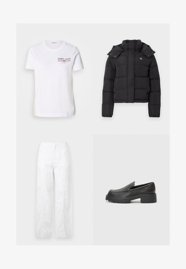 Black puffer jacket with high collar, detachable hood with snap buttons, and small white "CK" logo on the left chest.; White cotton t-shirt with crew neckline, short sleeves, and a front logo featuring "GANT 1949" in navy and red, with horizontal stripes.; White wide-leg trousers made of lightweight fabric, featuring a smooth texture, clean lines, and a high waist design.; Black leather loafers with a rounded toe, thick textured sole, and minimal stitching details. Sleek design with no visible laces or hardware.