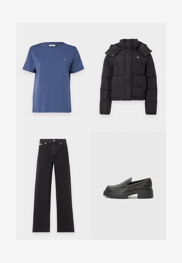 Black puffer jacket with high collar, detachable hood with snap buttons, and small white "CK" logo on the left chest.; GANT PRINTED ARCHIVE SHIELD - Basic T-shirt - dusty navy; Black wide-leg jeans made of denim, featuring a high-rise waist, five-pocket styling, and a metal button closure with contrasting stitching.; Black leather loafers with a rounded toe, thick textured sole, and minimal stitching details. Sleek design with no visible laces or hardware.