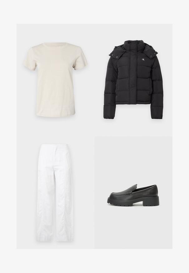 Casaco acolchoado preto com gola alta, capuz destacável com botões de pressão e pequeno logótipo branco "CK" no lado esquerdo do peito.; T-shirt de algodão de mangas curtas em bege claro com decote redondo e um discreto detalhe de texto na parte da frente. Textura suave e ajuste relaxado.; Calças brancas de perna larga feitas de um tecido leve, com uma textura suave, linhas limpas e um design de cintura alta.; Mocassins de couro preto com bico arredondado, sola espessa e texturizada, e detalhes de costura minimalistas. Design elegante sem atacadores ou ferragens visíveis.