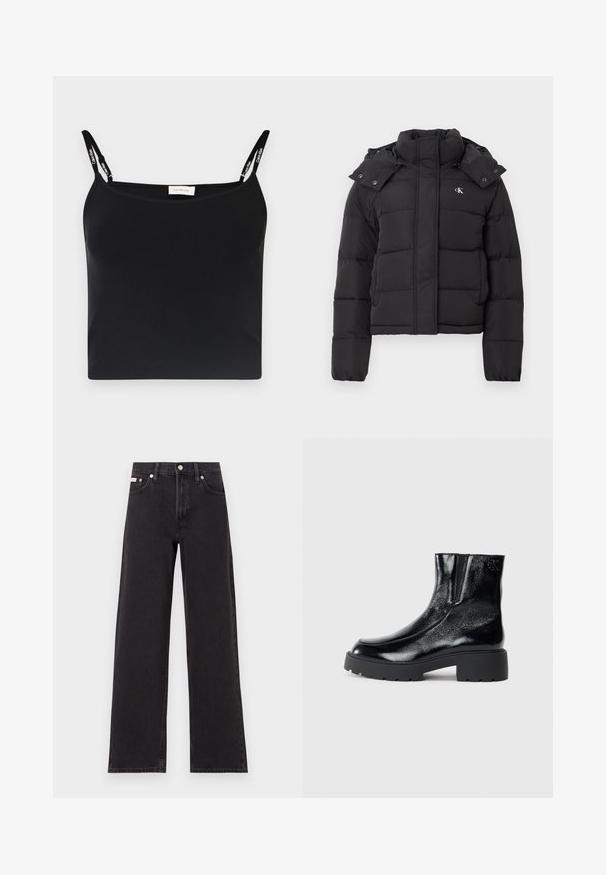 Crna puf jakna s visokim ovratnikom, odvojivom kapom na dugmad i malim bijelim "CK" logotipom na lijevoj strani prsiju.; Crna rebrasta majica na tanke naramenice s Calvin Klein oznakom. Jednostavan, uski dizajn s glatkom teksturom i bez dodatnih uzoraka.; Crne široke traperice od denima, s visokim strukom, pet džepova i metalnim zatvaranjem s kontrastnim šavovima.; Crne gležnjače s sjajnim lakiranim završetkom, debelim crnim gumastim potplatima i povišenim potpeticama; uključuju suptilan detalj loga sa strane.