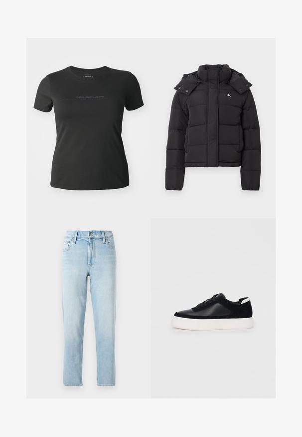 Svart pufferjakke med høy krage, avtakbar hette med trykknapper og liten hvit "CK"-logo på venstre bryst.; Svart kortermet t-skjorte laget av bomull, med rund hals og en subtil "Calvin Klein Jeans" logo trykket over forsiden.; Lyseblå denimjeans, rett ben-design, midjehøyde, med fem lommer og en knappelukking foran.; Svart sneakers med glatt skinn og semsket skinnpaneler, flate snørebånd, rund tå og hvit gummisåle. Distinkt logo på hælen.