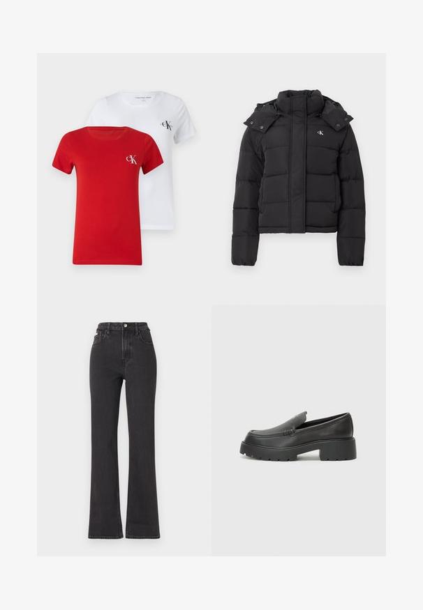 Sort puffer-jakke med høj krave, aftagelig hætte med trykknapper og lille hvid "CK"-logo på venstre bryst.; To crew neck t-shirts, en rød og en hvid, lavet af glat bomuld. Hver har et lille CK-logo i en kontrastfarve på brystet.; Sorte højtaljede flagrende jeans lavet af denim, med knaplukning, bæltestropper og sidelommer. Glat tekstur med minimal falming.; Sorte læder loafers med rund tå, tyk tekstureret sål og minimale syninger. Elegant design uden synlige snørebånd eller hardware.
