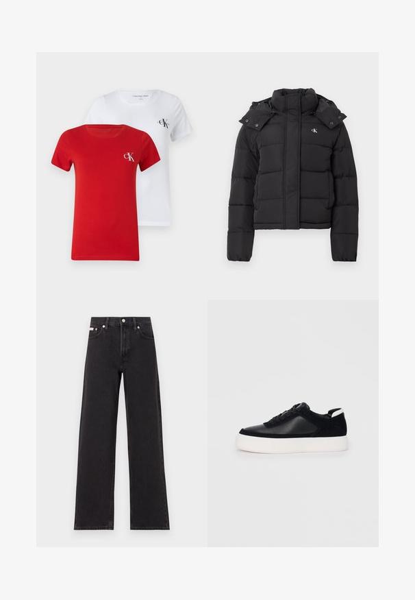 Black puffer jacket with high collar, detachable hood with snap buttons, and small white "CK" logo on the left chest.; Two crew neck T-shirts, one red and one white, made of smooth cotton. Each features a small CK logo in a contrasting color on the chest.; Black wide-leg jeans made of denim, featuring a high-rise waist, five-pocket styling, and a metal button closure with contrasting stitching.; Black sneaker with smooth leather and suede panels, flat laces, rounded toe, and a white rubber sole. Distinct logo on the heel.