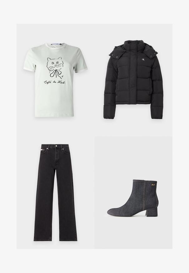 Juoda pūkinė striukė su aukštu apykakle, nuimama kapučino su spaudiniais ir mažu baltu "CK" logotipu kairiajame krūtinės gale.; Šviesiai žalia medvilninė marškinėliai su trumpomis rankovėmis, su gipiūru apykakle ir juodos katės grafika su tekstu "Café de Karl" spausdintu apačioje.; Juodos plačios kojų džinsai, pagaminti iš džinsinio audinio, su aukštu liemeniu, penkių kišenių stiliumi ir metaline sagte su kontrastingo siuvimo detalėmis.; Tamsiai mėlyni kulkšnies auliniai batai su smailiu kojų pirštu, blokuotu kulnu, matomu siuvimu ir subtiliu prekės ženklo logotipu šone. Lygus paviršius.
