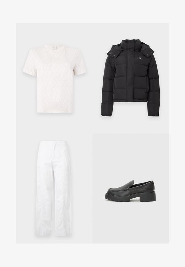 Fekete puffdzseki magas gallérral, levehető kapucnival, patentgombokkal, és kis fehér "CK" logóval a bal mellrészen.; Rövid ujjú, krém színű pamut póló, amelyen diszkrét, egységes monogram mintázat található. Kerek nyakkivágással és laza szabással rendelkezik.; Fehér, széles szárú nadrág könnyű anyagból, sima textúrával, letisztult vonalakkal és magasderék kialakítással.; Fekete bőr loafer cipők kerek orral, vastag, texturált talppal és minimális varrási részletekkel. Áramvonalas dizájn, látható fűzők vagy fém részek nélkül.