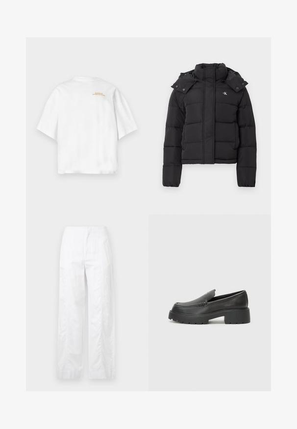 Casaco acolchoado preto com gola alta, capuz destacável com botões de pressão e pequeno logótipo branco "CK" no lado esquerdo do peito.; T-shirt branco de manga curta com decote redondo. Apresenta "BARBOUR INTERNATIONAL" em texto dourado na parte superior das costas. Textura de algodão suave.; Calças brancas de perna larga feitas de um tecido leve, com uma textura suave, linhas limpas e um design de cintura alta.; Mocassins de couro preto com bico arredondado, sola espessa e texturizada, e detalhes de costura minimalistas. Design elegante sem atacadores ou ferragens visíveis.