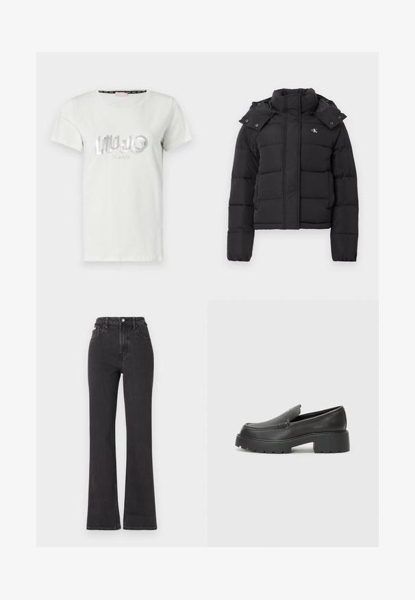 Black puffer jacket with high collar, detachable hood with snap buttons, and small white "CK" logo on the left chest.; White cotton t-shirt with short sleeves, featuring a silver rhinestone logo "LIU JO MILANO" in a playful font across the front.; Black high-waisted flared jeans made of denim, featuring a button closure, belt loops, and side pockets. Smooth texture with minimal fading.; Black leather loafers with a rounded toe, thick textured sole, and minimal stitching details. Sleek design with no visible laces or hardware.