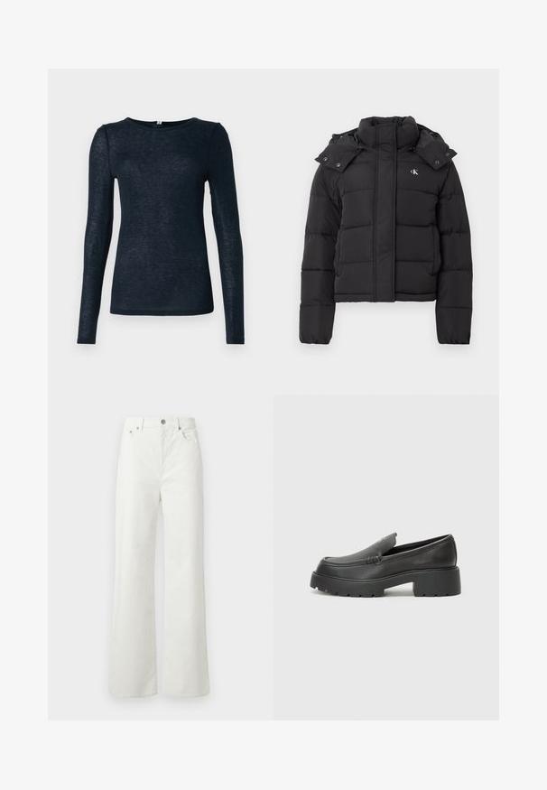 Fekete puffdzseki magas gallérral, levehető kapucnival, patentgombokkal, és kis fehér "CK" logóval a bal mellrészen.; Hosszú ujjú felső sötét tengerészkék színben, könnyű, enyhén textúrázott anyagból készült, kerek nyakkal és testhezálló fazonnal.; Samsøe Samsøe SHELLY - Laza szabású farmerek - clear cream; Fekete bőr loafer cipők kerek orral, vastag, texturált talppal és minimális varrási részletekkel. Áramvonalas dizájn, látható fűzők vagy fém részek nélkül.