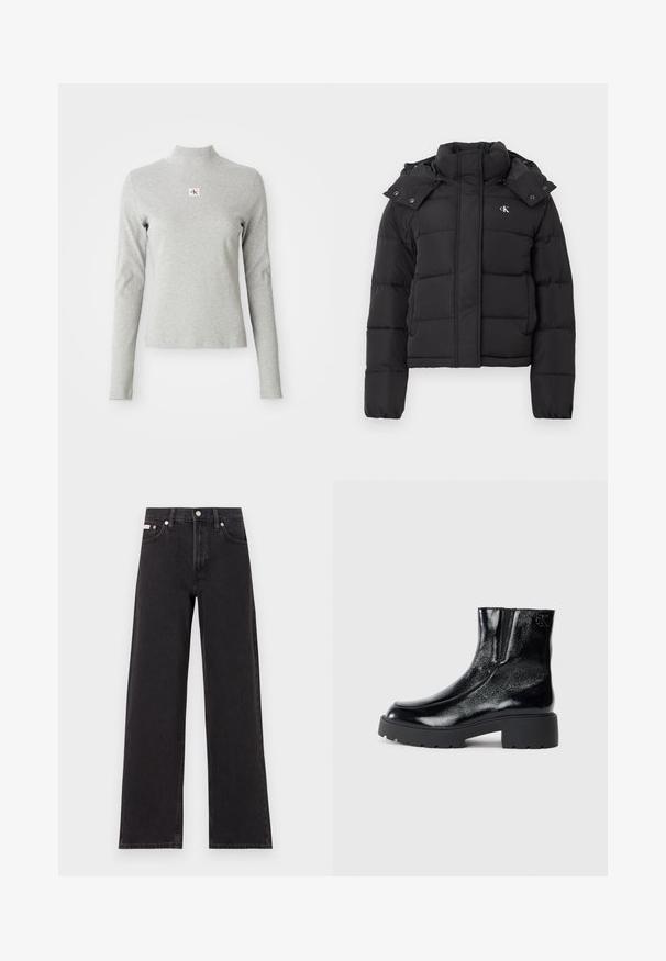 Sort puffer-jakke med høj krave, aftagelig hætte med trykknapper og lille hvid "CK"-logo på venstre bryst.; Grå langærmet turtleneck top i blødt stof, med ribbet tekstur og et lille CK-logo i en hvid firkant på brystet.; Sorte vidde jeans lavet af denim, med høj talje, fem-lomme stil og en metalknap lukning med kontrasterende syninger.; Sorte ankelstøvler med en blank patentlæderfinish, chunky sort gummisål og hævet hæl; inkluderer subtilt logodetalje på siden.