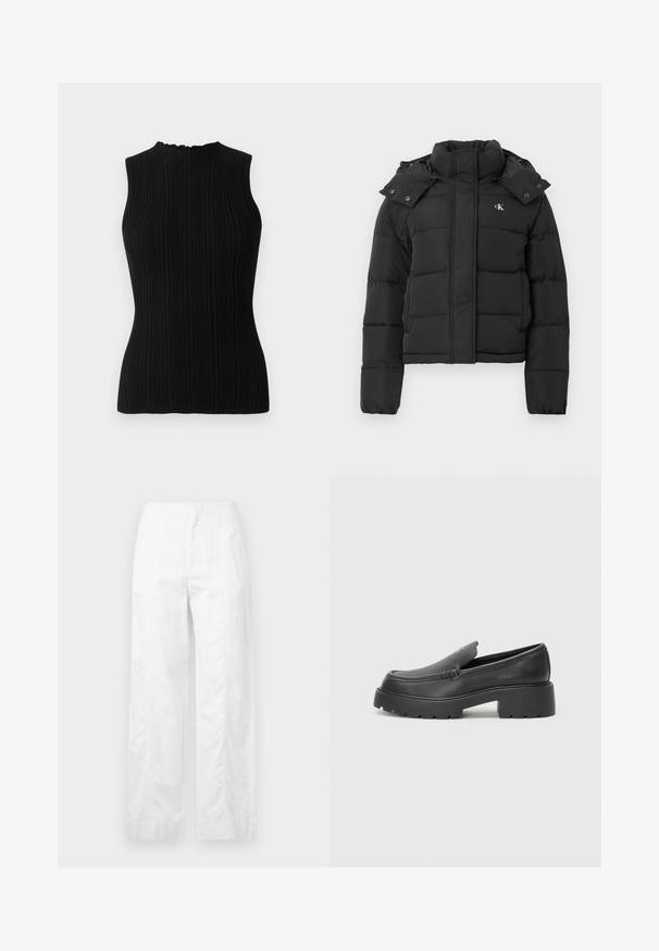 Crna puf jakna s visokim ovratnikom, odvojivom kapom na dugmad i malim bijelim "CK" logotipom na lijevoj strani prsiju.; Crni bezrukavni pleteni top s rebrastom teksturom i visokim ovratnikom. Ima uski siluet i minimalistički dizajn.; Bijele široke hlače od laganog materijala, s glatkom teksturom, čistim linijama i visokim strukom.; Crne kožne loaferice s zaobljenim vrhom, debelim teksturiranim potplatom i minimalnim detaljima šivanja. Elegantna izrada bez vidljivih vezica ili metalnih elemenata.