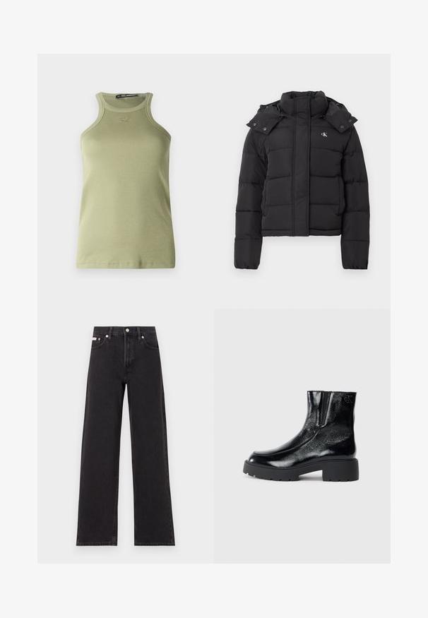 Mustmust pusa, millel on kõrge krae, eemaldatav kapuuts, milles on pressnupud, ja väike valge "CK" logo vasakul rinnaosas.; Roheline soonikuga tank top, millel on kõrge kaelus ja ilma varrukateta disain. Esiosas on broderitud logo ning see on figureeriv.; Mustad laiad mustad teksad, millel on kõrge vöökoht, viie tasku stiil ja metallist nööpkinnitus kontrastsete õmblustega.; Mustad mustad tossud läikiva patendi nahaga viimistlusega, jäme musta kummist tald ja kõrgendatud konts; sisaldab külgedel peent logodegust.