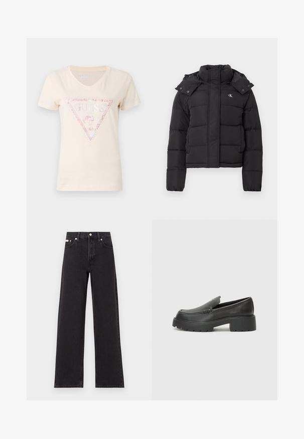 Black puffer jacket with high collar, detachable hood with snap buttons, and small white "CK" logo on the left chest.; Short-sleeve, beige cotton t-shirt with a V-neck and a pink glitter triangle logo featuring the text "GUESS" and embellished accents.; Black wide-leg jeans made of denim, featuring a high-rise waist, five-pocket styling, and a metal button closure with contrasting stitching.; Black leather loafers with a rounded toe, thick textured sole, and minimal stitching details. Sleek design with no visible laces or hardware.