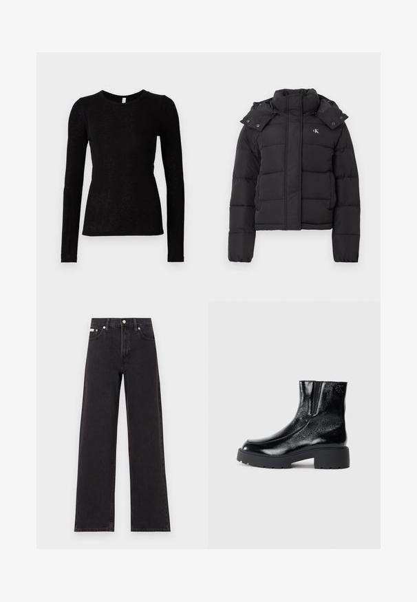 Čierna páperová bunda s vysokým golierom, odopínacou kapucňou so zacvakávacími gombíkmi a malým bielym logom "CK" na ľavom hrudníku.; Samsøe Samsøe DOU - Top s dlhým rukávom - black; Čierne široké džínsy vyrobené z denimu, s vysokým pásom, piatimi vreckami a kovovým zapínaním s kontrastným šitím.; Čierne kotníkové topánky s lesklým patentným koženým povrchom, masívnou čiernou gumovou podrážkou a vyvýšeným podpätkom; na boku obsahujú jemný detail loga.