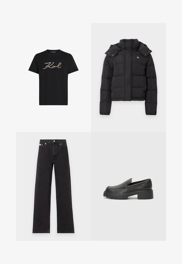 Black puffer jacket with high collar, detachable hood with snap buttons, and small white "CK" logo on the left chest.; Black cotton T-shirt featuring a silver and red embroidered "Karl" logo. Short sleeves and crew neckline. Smooth texture, regular fit.; Black wide-leg jeans made of denim, featuring a high-rise waist, five-pocket styling, and a metal button closure with contrasting stitching.; Black leather loafers with a rounded toe, thick textured sole, and minimal stitching details. Sleek design with no visible laces or hardware.