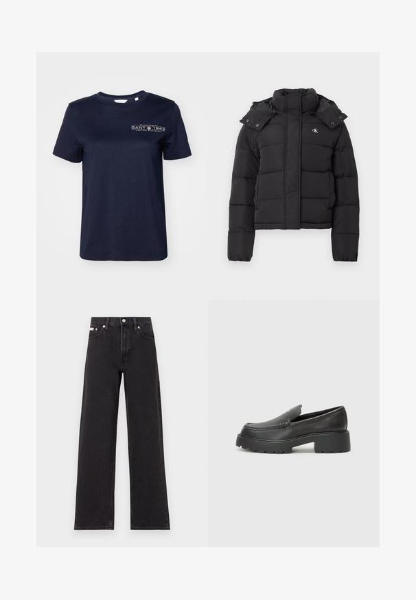 Giubbotto imbottito nero con colletto alto, cappuccio rimovibile con bottoni a pressione e piccolo logo bianco "CK" sul lato sinistro del petto.; T-shirt in cotone blu navy con maniche corte, collo rotondo e logo stampato con "GANT 1949" sul lato sinistro del petto. Texture liscia.; Jeans neri a gamba larga in denim, con vita alta, styling a cinque tasche e chiusura con bottone metallico e cuciture a contrasto.; Mocassini in pelle nera con punta arrotondata, suola spessa e testurizzata, e minime cuciture. Design elegante senza lacci o parti metalliche visibili.