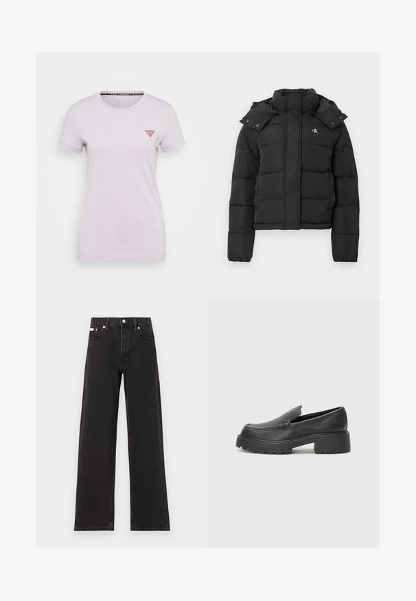 Black puffer jacket with high collar, detachable hood with snap buttons, and small white "CK" logo on the left chest.; Guess MINI TRIANGLE TEE - Basic T-shirt - new light lilac; Black wide-leg jeans made of denim, featuring a high-rise waist, five-pocket styling, and a metal button closure with contrasting stitching.; Black leather loafers with a rounded toe, thick textured sole, and minimal stitching details. Sleek design with no visible laces or hardware.