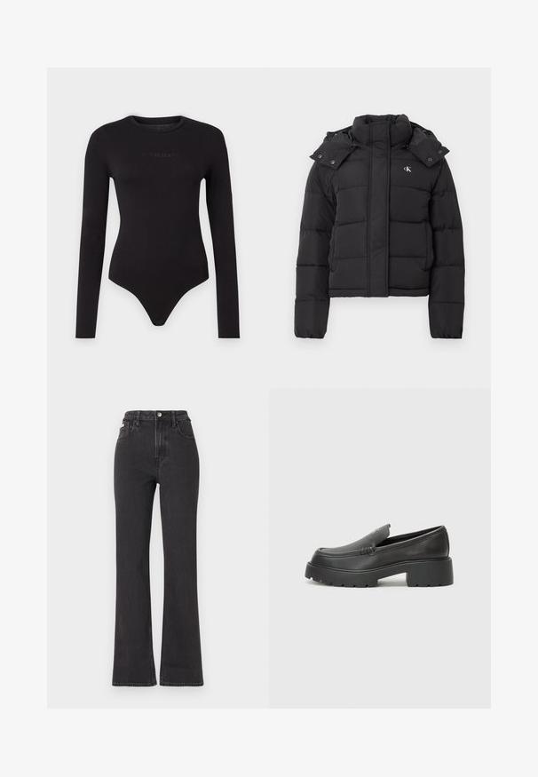 Black puffer jacket with high collar, detachable hood with snap buttons, and small white "CK" logo on the left chest.; Black long-sleeve bodysuit made of soft fabric, featuring a round neck and a textured "Guess Jeans" logo on the front.; Black high-waisted flared jeans made of denim, featuring a button closure, belt loops, and side pockets. Smooth texture with minimal fading.; Black leather loafers with a rounded toe, thick textured sole, and minimal stitching details. Sleek design with no visible laces or hardware.