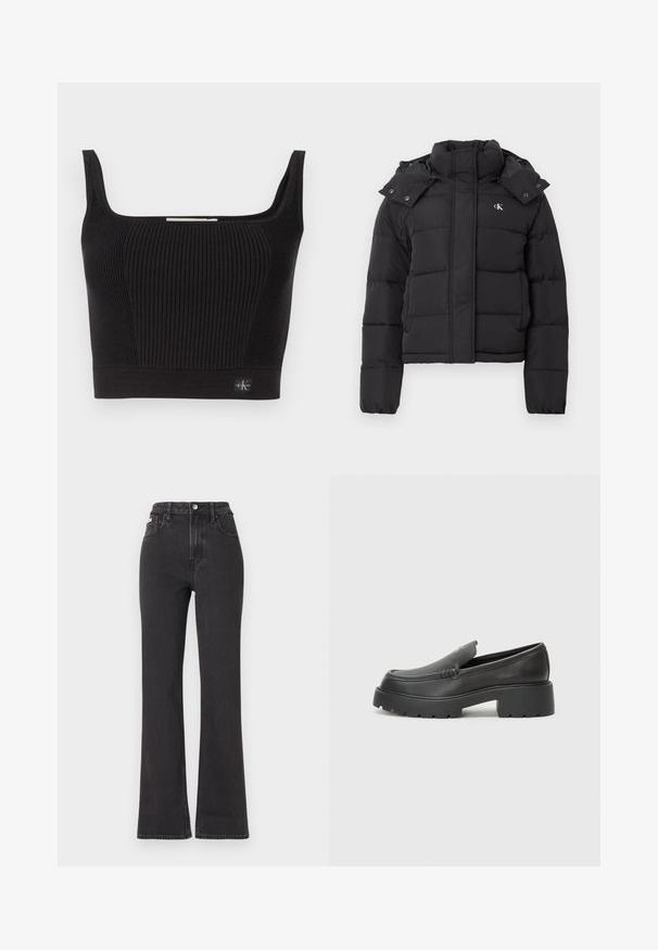 Black puffer jacket with high collar, detachable hood with snap buttons, and small white "CK" logo on the left chest.; Black ribbed crop top with wide straps, square neckline, and a fitted design. Features a small logo tag at the bottom left.; Black high-waisted flared jeans made of denim, featuring a button closure, belt loops, and side pockets. Smooth texture with minimal fading.; Black leather loafers with a rounded toe, thick textured sole, and minimal stitching details. Sleek design with no visible laces or hardware.