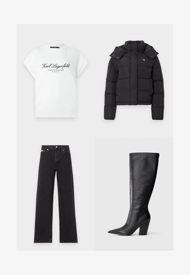 Svart pufferjakke med høy krage, avtakbar hette med trykknapper og liten hvit "CK"-logo på venstre bryst.; Hvit t-skjorte med korte ermer og svart tekst "Karl Lagerfeld 21 Rue St-Guillaume Paris" trykt på fronten, rund hals.; Svart bredbente jeans laget av denim, med høy livvidde, fem lommer, og metallknapp med kontrasterende søm.; Svart knelange lærstøvlett med spiss tå og kraftig høy hæl, vist i venstre profil på hvit bakgrunn.