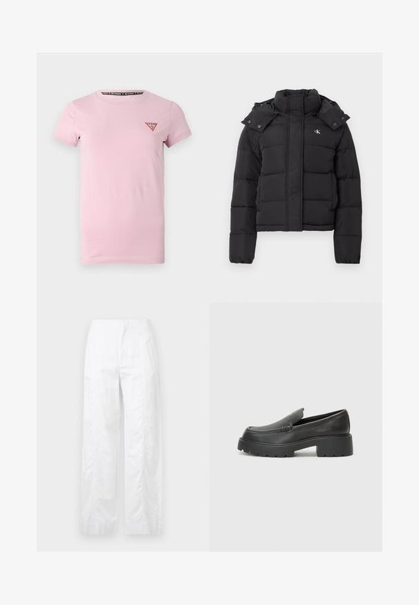 Black puffer jacket with high collar, detachable hood with snap buttons, and small white "CK" logo on the left chest.; Light pink cotton t-shirt with short sleeves, round neckline, and a small red triangular logo patch on the left chest.; White wide-leg trousers made of lightweight fabric, featuring a smooth texture, clean lines, and a high waist design.; Black leather loafers with a rounded toe, thick textured sole, and minimal stitching details. Sleek design with no visible laces or hardware.