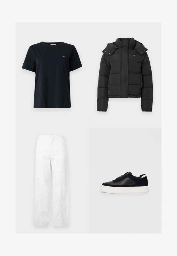 Doudoune noire avec col montant, capuche détachable avec boutons-pression, et petit logo "CK" blanc sur la poitrine gauche.; T-shirt noir en coton à manches courtes, col rond, avec un petit logo brodé sur la poitrine gauche. Coupe classique et décontractée.; Pantalons larges blancs en tissu léger, présentant une texture lisse, des lignes épurées et une taille haute.; Sneaker noir avec des panneaux en cuir lisse et en daim, lacets plats, bout rond et semelle en caoutchouc blanche. Logo distinct au niveau du talon.