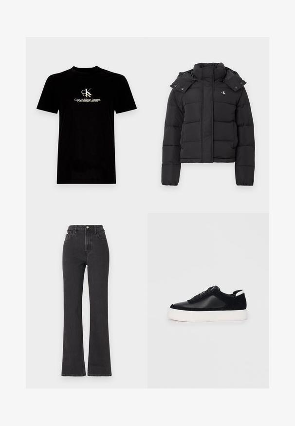 Čierna páperová bunda s vysokým golierom, odopínacou kapucňou so zacvakávacími gombíkmi a malým bielym logom "CK" na ľavom hrudníku.; Čierne bavlnené tričko s krátkymi rukávmi, na prednej strane so bielym a zlatým logom "CK" a textom "Calvin Klein Jeans". Štandardný strih.; Čierne džíny s vysokým pásom a rozšírenými nohavicami vyrobené z denimu, s gombíkovým zapínaním, pútkami na opasok a bočnými vreckami. Hladká textúra s minimálnym ošúchaním.; Čierne tenisky s hladkou kožou a semišovými panelmi, plochými šnúrkami, zaoblenou špičkou a bielou gumovou podrážkou. Výrazné logo na päte.