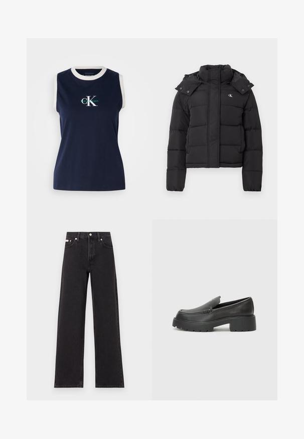 Črn puhovka z visokim ovratnikom, snemljivo kapuco s pritisnimi gumbi in majhnim belim logotipom "CK" na levem prsnem delu.; Mornarsko modra brezrokavnica iz bombaža z belim rebrastim ovratnikom, ki na sprednji strani nosi zeleni in beli logotip "Calvin Klein". Gladka tekstura.; Črne široke jeans hlače iz denima, s poudarjenim pasom, petimi žepi in kovinskim gumbom za zapiranje ter kontrastnim šivanjem.; Črne usnjene loafers čevlje z zaobljenim nosom, debelim teksturiranim podplatom in minimalnimi šivi. Elegantna zasnova brez vidnih vezalk ali kovinskih delov.