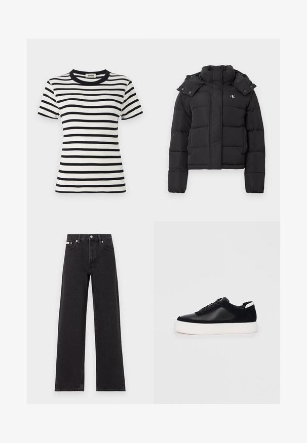 Chaqueta de plumas negra con alto cuello, capucha desmontable con botones a presión y pequeño logo blanco "CK" en el pecho izquierdo.; Camiseta de manga corta a rayas blancas y negras con un cuello redondo de canalé y un diseño ajustado. La tela parece texturizada y elástica.; Jeans anchos de mezclilla negros, con cintura alta, cinco bolsillos y cierre de botón metálico con costuras contrastantes.; Zapatilla negra con paneles de cuero liso y de ante, cordones planos, punta redondeada y una suela de goma blanca. Logotipo distintivo en el talón.