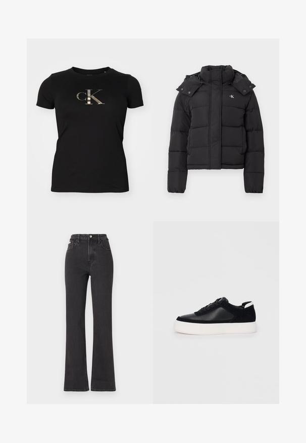 Black puffer jacket with high collar, detachable hood with snap buttons, and small white "CK" logo on the left chest.; Black cotton t-shirt featuring a metallic silver "ck" logo on the front. Short sleeves and a round neckline. Smooth texture.; Black high-waisted flared jeans made of denim, featuring a button closure, belt loops, and side pockets. Smooth texture with minimal fading.; Black sneaker with smooth leather and suede panels, flat laces, rounded toe, and a white rubber sole. Distinct logo on the heel.