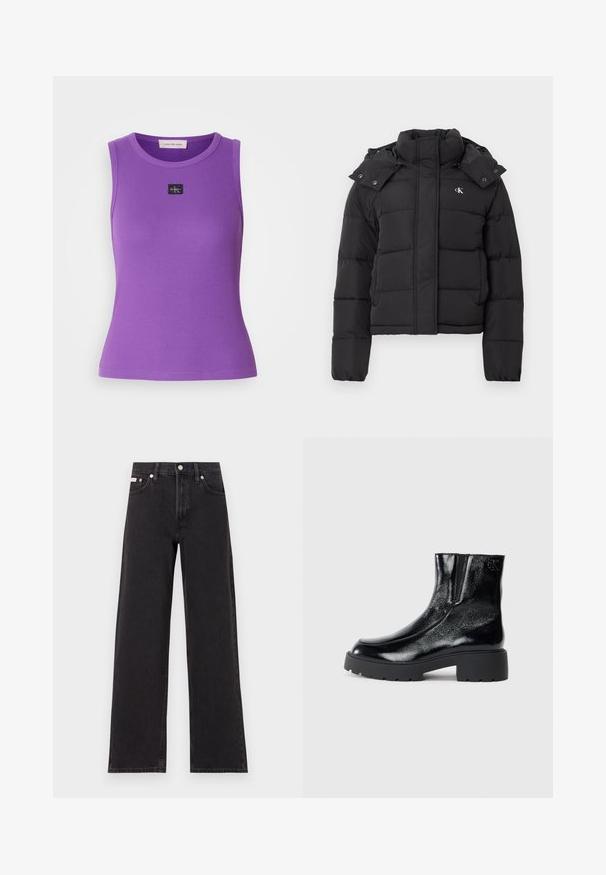 Schwarze Pufferjacke mit hohem Kragen, abnehmbarem Kapuzenschild mit Druckknöpfen und kleinem weißen "CK"-Logo auf der linken Brust.; Lila ärmelloses Oberteil mit geripptem Textur und Rundhalsausschnitt. Verfügt über ein kleines schwarzes Logo-Label auf der Vorderseite. Glatte Stoffoberfläche.; Schwarze weit geschnittene Jeans aus Denim mit einem hoch sitzenden Bund, fünf Taschen und einem Metallknopfverschluss mit kontrastierendem Nähte.; Schwarze Knöchelstiefel mit glänzender Lackleder-Oberfläche, einer kräftigen gummierten schwarzen Sohle und Absatz; mit dezentem Logodetail an der Seite.