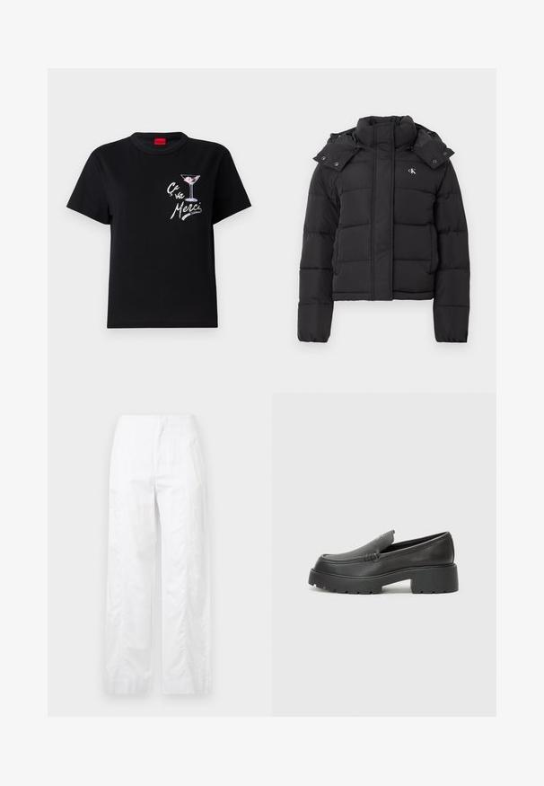 Čierna páperová bunda s vysokým golierom, odopínacou kapucňou so zacvakávacími gombíkmi a malým bielym logom "CK" na ľavom hrudníku.; Čierne bavlnené tričko s krátkymi rukávmi, s bielou a ružovou grafikou martini pohára a textom "Ça va Merci" v hravom písme.; Biele široké nohavice z ľahkej látky, s hladkou textúrou, čistými líniami a vysokým pásom.; Čierne kožené mokasíny s okrúhlou špičkou, hrubou textúrovanou podrážkou a minimom stehovej výzdoby. Štíhly dizajn bez viditeľných šnúr alebo kovania.