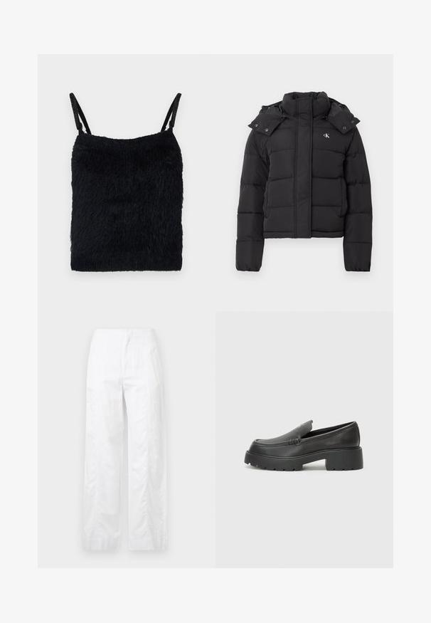 Crna puf jakna s visokim ovratnikom, odvojivom kapom na dugmad i malim bijelim "CK" logotipom na lijevoj strani prsiju.; Crna krznena tkanina s tankim trakama. Teksturirana površina, kvadratnog oblika i laganog dizajna. Jednostavna, monokromatska shema boja.; Bijele široke hlače od laganog materijala, s glatkom teksturom, čistim linijama i visokim strukom.; Crne kožne loaferice s zaobljenim vrhom, debelim teksturiranim potplatom i minimalnim detaljima šivanja. Elegantna izrada bez vidljivih vezica ili metalnih elemenata.