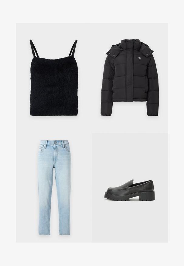 Jachetă puffer neagră cu guler înalt, glugă detașabilă cu capse și mic logo alb "CK" pe pieptul stâng.; Top din material negru pufos, cu bretele subțiri. Suprafață texturată, formă pătrată și design ușor. Scheme de culori simple, monocromatice.; Blugi din denim de culoare albastru deschis, cu design dreaptă, talie medie, cu cinci buzunare și închidere cu nasture în față.; Mocasini din piele neagră, cu vârf rotunjit, talpă groasă texturată și detalii minimale de cusătură. Design elegant, fără șireturi sau accesorii vizibile.