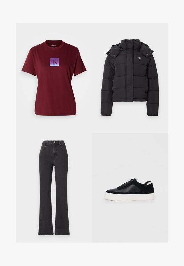 Črn puhovka z visokim ovratnikom, snemljivo kapuco s pritisnimi gumbi in majhnim belim logotipom "CK" na levem prsnem delu.; Bordo bombažna majica s kvadratnim logotipom z gradientom od vijolične do modre in črko "cK" v temno vijolični barvi.; Črne kavbojke s visokim pasom in razširjenimi hlačnicami, narejene iz denima, z gumbom za zapiranje, zankami za pas in stranskimi žepi. Gladka tekstura z minimalnim bledenjem.; Črne športne copate z gladko usnjeno in semišnimi paneli, ravnimi vezalkami, zaobljenim nosom in belim gumijastim podplatom. Oznaka na peti.