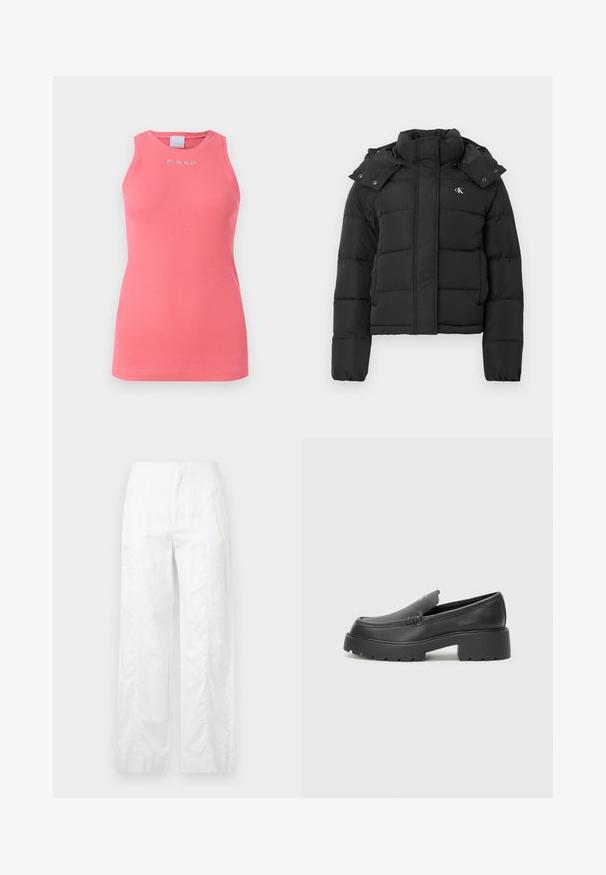 Fekete puffdzseki magas gallérral, levehető kapucnival, patentgombokkal, és kis fehér "CK" logóval a bal mellrészen.; Ujjatlan, rózsaszín, bordás trikó, kerek nyakkivágással, a mellkason középen elhelyezkedő kicsi, fehér "PINKO" logóval.; Fehér, széles szárú nadrág könnyű anyagból, sima textúrával, letisztult vonalakkal és magasderék kialakítással.; Fekete bőr loafer cipők kerek orral, vastag, texturált talppal és minimális varrási részletekkel. Áramvonalas dizájn, látható fűzők vagy fém részek nélkül.