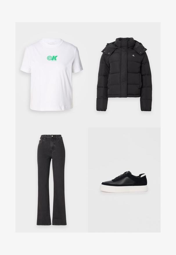 Black puffer jacket with high collar, detachable hood with snap buttons, and small white "CK" logo on the left chest.; White cotton t-shirt with a crew neck and short sleeves, featuring a green Calvin Klein logo on the front. Classic, straight-cut design.; Black high-waisted flared jeans made of denim, featuring a button closure, belt loops, and side pockets. Smooth texture with minimal fading.; Black sneaker with smooth leather and suede panels, flat laces, rounded toe, and a white rubber sole. Distinct logo on the heel.