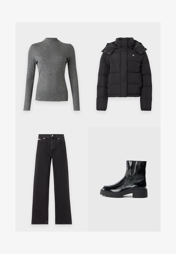 Black puffer jacket with high collar, detachable hood with snap buttons, and small white "CK" logo on the left chest.; Gray long-sleeve turtleneck shirt made of soft, stretchy fabric with a fitted design and smooth texture. No visible patterns or accents.; Black wide-leg jeans made of denim, featuring a high-rise waist, five-pocket styling, and a metal button closure with contrasting stitching.; Black ankle boots with a glossy patent leather finish, chunky black rubber sole, and raised heel; includes subtle logo detail on the side.