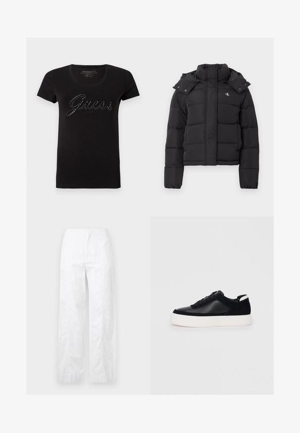 Casaco acolchoado preto com gola alta, capuz destacável com botões de pressão e pequeno logótipo branco "CK" no lado esquerdo do peito.; T-shirt de algodão preta com mangas curtas e decote redondo. Apresenta um logótipo brilhante "Guess" em strass na parte da frente.; Calças brancas de perna larga feitas de um tecido leve, com uma textura suave, linhas limpas e um design de cintura alta.; Sapatilha preta com painéis de pele lisa e camurça, atacadores planos, bico arredondado e sola de borracha branca. Logótipo distinto no calcanhar.