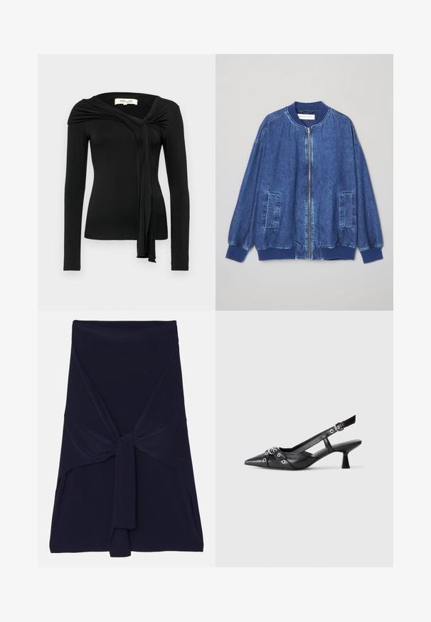 Casaco bomber de ganga em azul escuro com fecho frontal, punhos ribeteados, dois bolsos laterais e uma textura suave com costura em contraste.; Diane von Furstenberg TWILA - Blusa - black; Saia envolvente azul marinho feita de tecido macio e elástico, com um design atado à frente, apresentando uma textura suave e bordas ajustadas.; Sapato slingback em couro preto com biqueira fina, tiras decorativas com ilhós de metal e um pequeno salto quadrado. Superfície texturizada.
