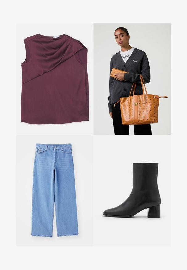 Harmaa lyhyt takki, jossa on korkea kaulus, etuvetoketju ja pitkät kellopaiset hihat. Sisältää sivuverkkejä ja tyylikkään tekstuuripinnan.; Burgundin väri, keinokuitukangas, drapeemallinen toppi ilman hihoja, jossa on epäsymmetrinen leikkaus ja pyöreä pääntie.; Valkoinen ribattua tankkitoppi, jossa on pyöreä kaula-auko ja leveät käsivarren aukot. Ominaisuuksiin kuuluu sileä pinta ja suora helma. Tunnuslukemana "IVY OAK."; Vaaleansinisiä leveälahkeisia farkkuja, joissa on klassinen viisipaikkainen muotoilu ja nappikiinnitys. Liukas pinta, kuluneet lahkeensuukohdat.; Mustat nahkasaappaat nilkkakorkeudella, joissa on terävä kärki ja tukeva neliön muotoinen korko. Sileä pinta, saumaton muotoilu ja minimalistinen ommel.; Nainen, joka on pukeutunut tummanharmaaseen neuletakkiin ja valkoiseen paitaan, pitää kädessään vaaleanruskeaa nahkatyötä ja siihen sopivaa lompakkoa, jossa on logo-printti.; Silmukasti leikattuja vihreitä korviksia, jotka on asetettu yksinkertaiseen metallikehykseen, henkilöä lähellä kuvattuna, jolla on aaltoileva hiustyyli ja neutraali meikki.