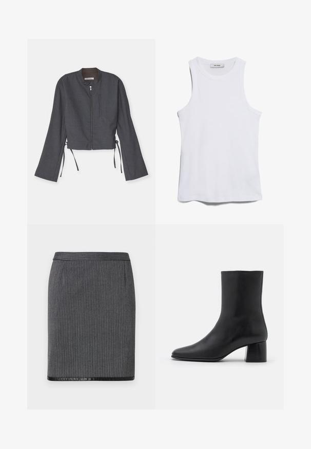 Sivá skrátená bunda s vysokým golierom, predným zipsom a dlhými zvonovými rukávmi. Vybavená bočnými viazaniami a hladkým textúrovaným materiálom.; Biely rebrovaný top s okrúhlym výstrihom a širokými armholemi. Má hladký povrch a priamy lem. Značka uvádza "IVY OAK."; Sivá rebrovaná ceruzková sukňa s hladkým čiernym lemom. Má priliehavý strih a štandardný pás. Textúra je tkaná a sofistikovaná.; Čierna kožená členková čižma s špicatou špičkou a masívnym štvorcovým podpätkom. Hladká textura s bezšvovým dizajnom a minimalistickým prešívaním.