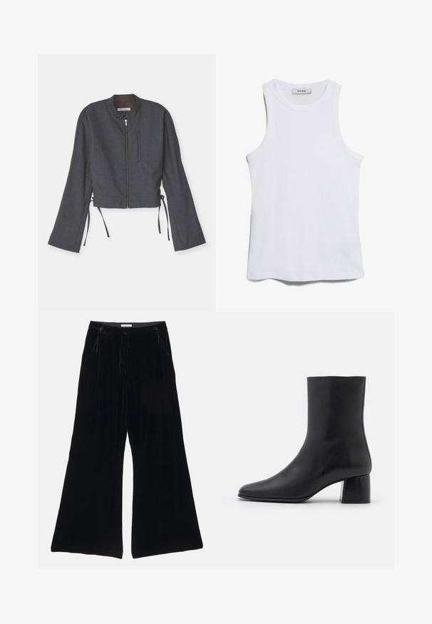 Sivá skrátená bunda s vysokým golierom, predným zipsom a dlhými zvonovými rukávmi. Vybavená bočnými viazaniami a hladkým textúrovaným materiálom.; Biely rebrovaný top s okrúhlym výstrihom a širokými armholemi. Má hladký povrch a priamy lem. Značka uvádza "IVY OAK."; Čierne sametové nohavice s širokými nohavicami s hladkou textúrou, s priliehavým pásom a prednými vreckami, s pliseným dizajnom.; Čierna kožená členková čižma s špicatou špičkou a masívnym štvorcovým podpätkom. Hladká textura s bezšvovým dizajnom a minimalistickým prešívaním.