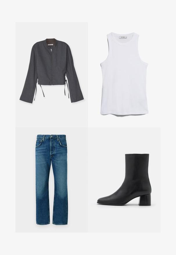 Gray cropped jacket with a high collar, front zipper, and long bell sleeves. Features side ties and a sleek textured fabric.; White ribbed tank top with a round neck and wide armholes. Features a smooth texture and a straight hem. Label reads "IVY OAK."; Blue denim jeans with a straight-leg cut, featuring five pockets, a button closure, and fading toward the lower legs.; Black leather ankle boot with a pointed toe and a chunky square heel. Smooth texture with a seamless design and minimalistic stitching.