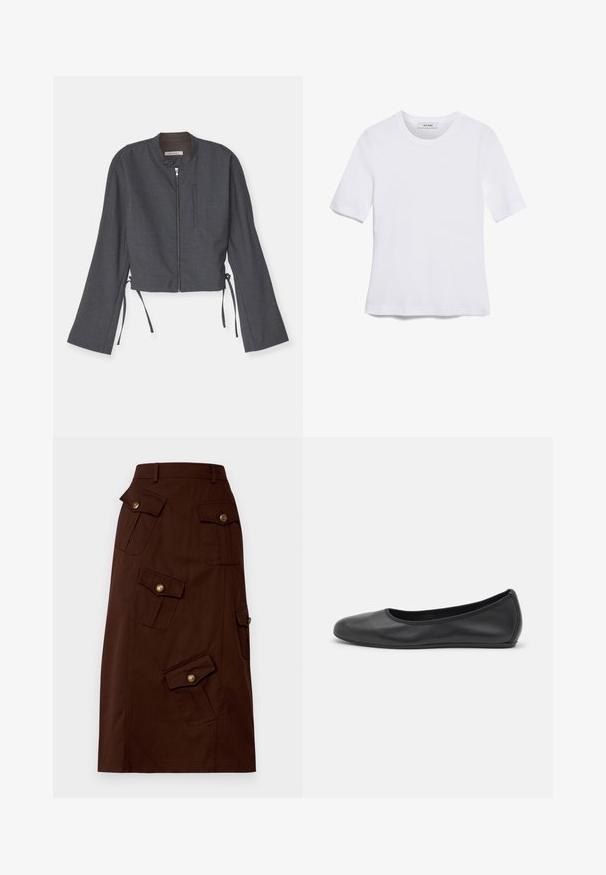 Hall kaelusega lühike särgid, esi tõmblukuga ja pikad kellukesed. Omab külgtukke ja sileda tekstuuriga kangast.; Valge lühikeste varrukatega T-särk ribatud kangast. Ümara kaelusega, tavalisest sobivusest ja peente õmbluse detailidega. Ilma mustrite või graafikateta.; Pruun puusärgi pikkusega seelik, mis on valmistatud puuvillast ja millel on mitu klapiga taskut kuldsete nuppudega ning reguleeritud vöökoht. Sile tekstuur.; Musthave mustika tantsutossud mustast nahast, ümmarguse varbaga, siledast tekstuurist, minimaalse õmblusdetailiga ja paindliku tallakujundusega.