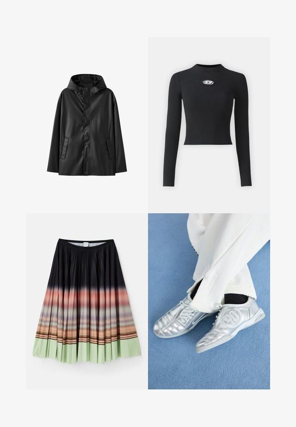 Črna vodoodporna jakna s kapuco, z gladko teksturo, zapiranjem na gumbe ter dvema stranskima žepoma. Klasičen dizajn z udobnim krojem.; Črn rebrast dolg rokav s prilegajočim se silhuetom in okroglo izrezom. Ima osrednji srebrni detajl.; Plisirna krila v črni barvi z ombre prehodom od oranžne do mete zelene barve na robu, ki ima pisane črtaste dodatke.; Srebrni atletski čevlji z gladkim, sijočim zaključkom, z našitim dizajnom in številko 90 na strani, v kombinciji z belimi hlačami.